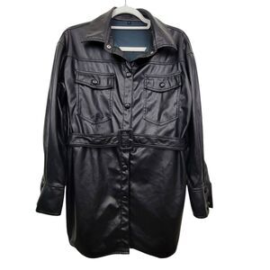 No Brand Shiny Black Faux Leather Oversized Lightweight Jacket W/Belt Size Small